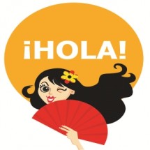 Женщина с веером и надписью "¡HOLA!" на фоне