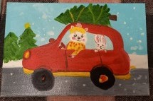 Мультяшные животные в красной машине с ёлкой на крыше